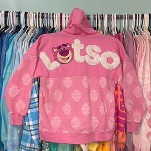 Disney parks pixar Toy Story lotso strawberry bear fuzzy spirit jersey hoodie S